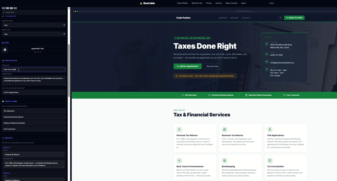 RunCabin customize editor — edit your tax website in real time